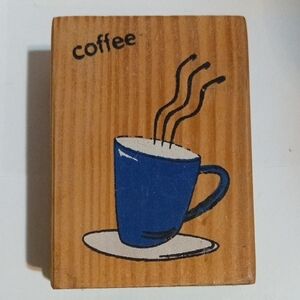Artisan Wooden Stamp with Blue Coffee Cup Design